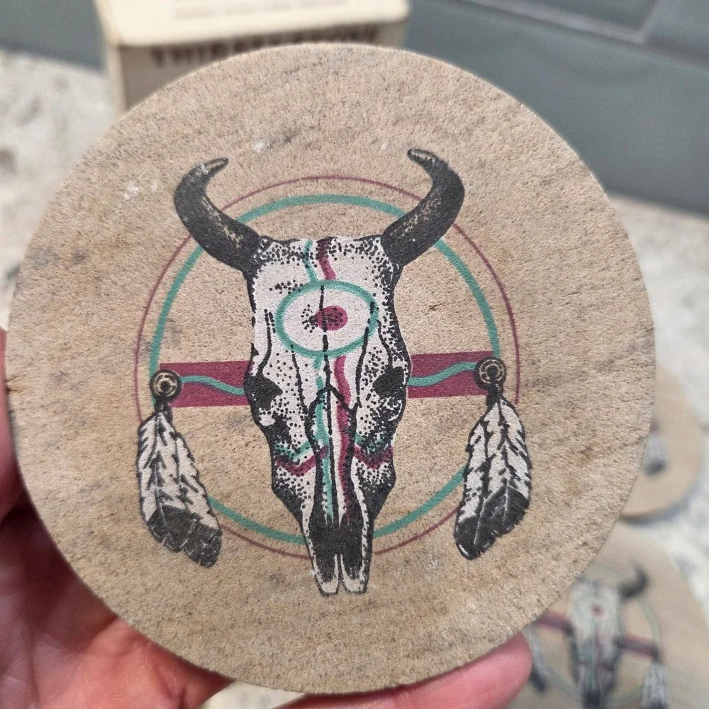 Vintage Thirstystone‎ Natural Sandstone Coasters 4 Steer Skull Western Decor USA